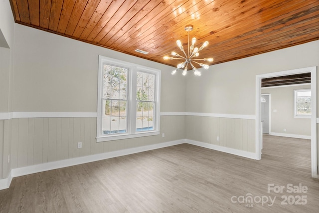 unfurnished room featuring wood ceiling, an inviting chandelier, and hardwood / wood-style flooring