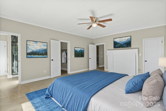 bedroom featuring a spacious closet, ceiling fan, crown molding, and light hardwood / wood-style flooring