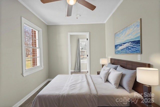 bedroom with ceiling fan, ornamental molding, and hardwood / wood-style flooring