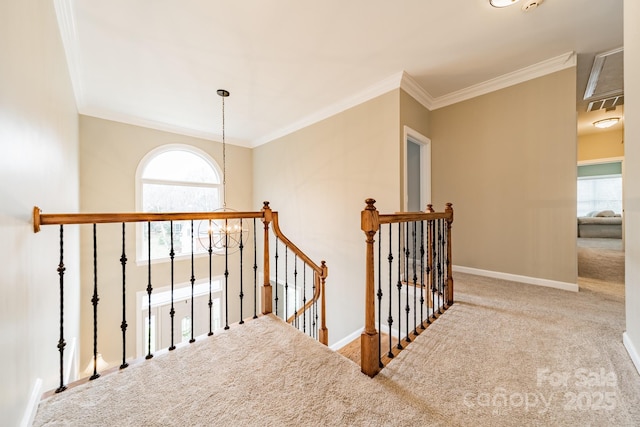 staircase featuring ornamental molding and carpet