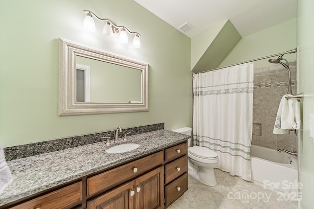 full bathroom featuring vanity, shower / bath combo, tile patterned floors, and toilet