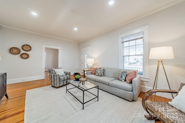 living room with crown molding and hardwood / wood-style floors