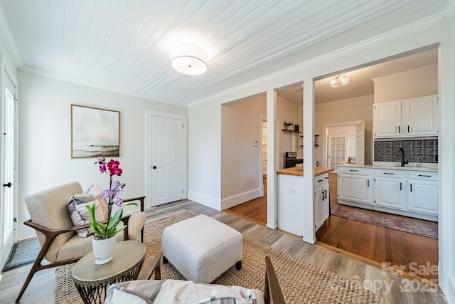 living area featuring crown molding, light hardwood / wood-style floors, and sink