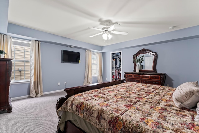 carpeted bedroom with ceiling fan, a closet, and a walk in closet