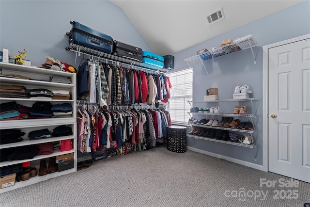 spacious closet with carpet floors and vaulted ceiling