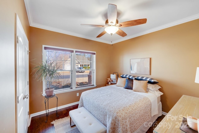 bedroom with ceiling fan, ornamental molding, and dark hardwood / wood-style floors