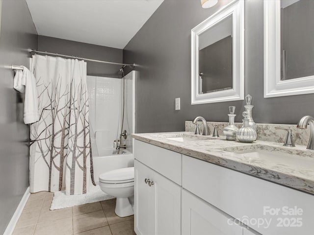 full bathroom featuring toilet, vanity, shower / bathtub combination with curtain, and tile patterned flooring