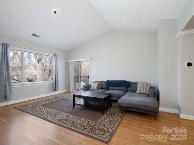 living room with wood-type flooring and lofted ceiling