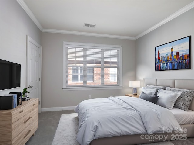 bedroom featuring baseboards, visible vents, dark carpet, and ornamental molding