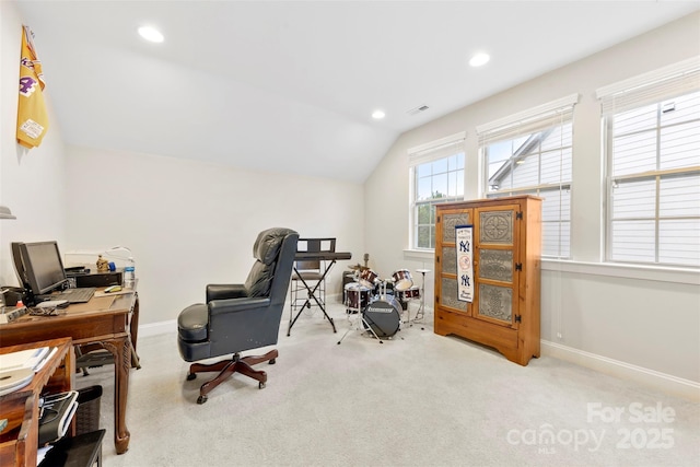 carpeted office space with lofted ceiling, visible vents, baseboards, and recessed lighting