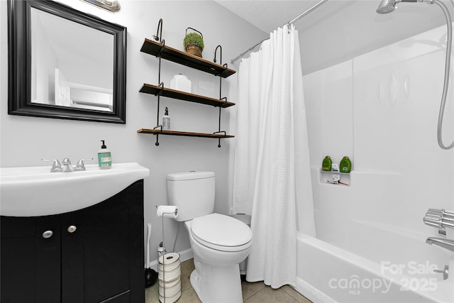 full bathroom with toilet, vanity, shower / tub combo, and tile patterned flooring