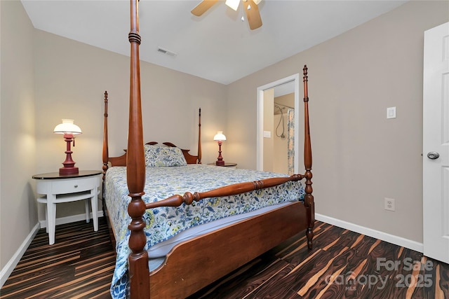 bedroom featuring ceiling fan and dark hardwood / wood-style floors