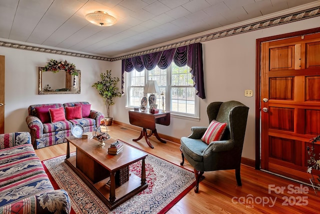 living room featuring wood-type flooring and ornamental molding