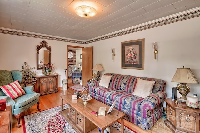 living room with crown molding and light hardwood / wood-style flooring