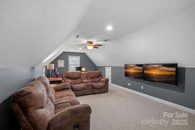 carpeted living room with lofted ceiling and ceiling fan