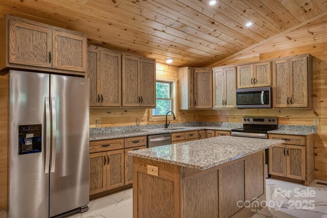 3161 Morganton Furniture Rd, Valdese, NC 28690 - kitchen with light stone countertops, a sink, stainless steel appliances, wooden ceiling, and lofted ceiling
