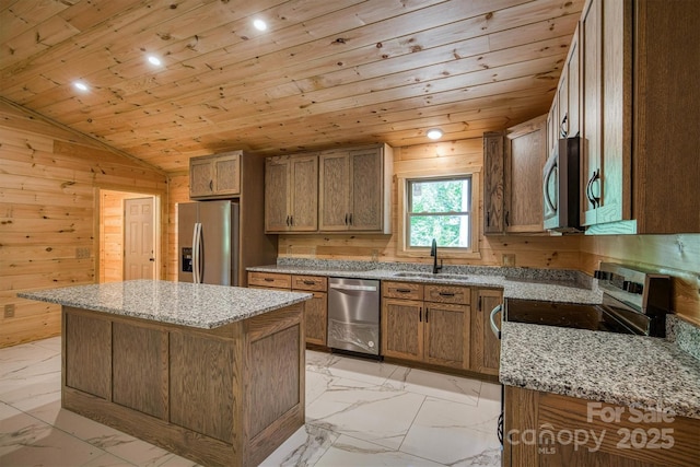 3161 Morganton Furniture Rd, Valdese, NC 28690 - kitchen with wooden walls, appliances with stainless steel finishes, a sink, marble finish floor, and wood ceiling
