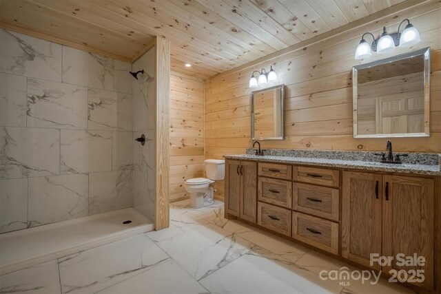 3161 Morganton Furniture Rd, Valdese, NC 28690 - bathroom featuring toilet, wooden ceiling, a sink, and marble finish floor