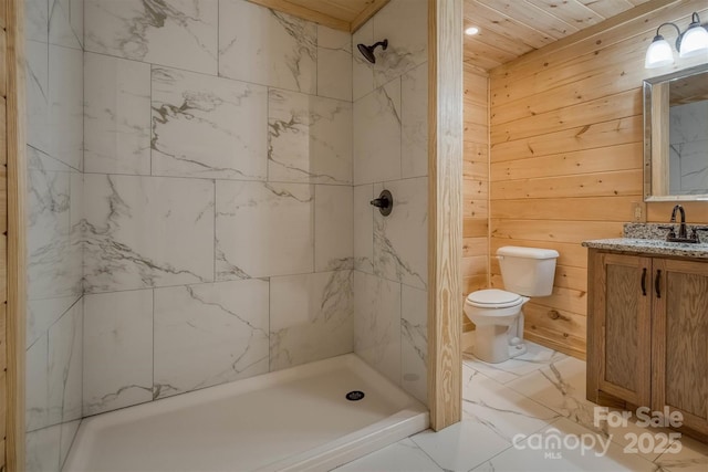 3161 Morganton Furniture Rd, Valdese, NC 28690 - bathroom with wooden walls, a shower stall, toilet, and marble finish floor