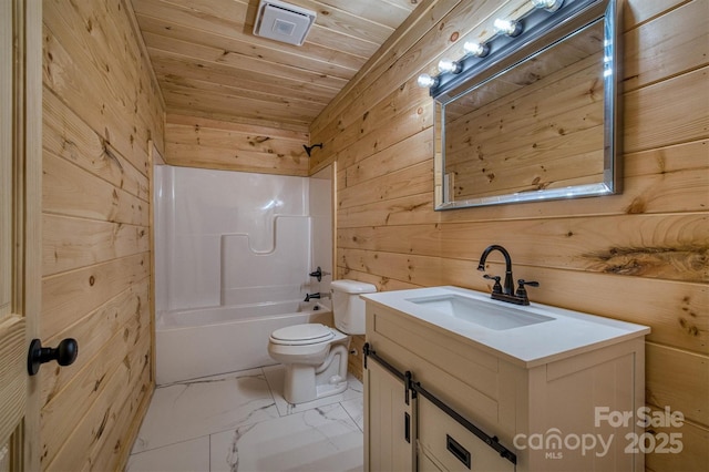 3161 Morganton Furniture Rd, Valdese, NC 28690 - full bathroom featuring wood ceiling, vanity, toilet, marble finish floor, and wooden walls