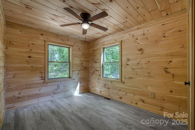 3161 Morganton Furniture Rd, Valdese, NC 28690 - empty room featuring visible vents, wood finished floors, ceiling fan, wooden walls, and wooden ceiling