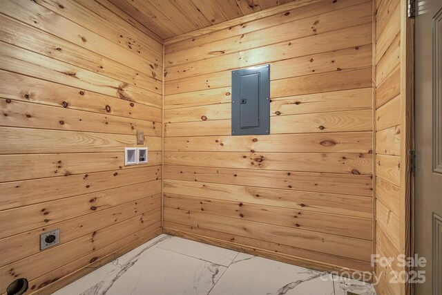 3161 Morganton Furniture Rd, Valdese, NC 28690 - interior space with electric panel, wood walls, marble finish floor, wood ceiling, and a sauna