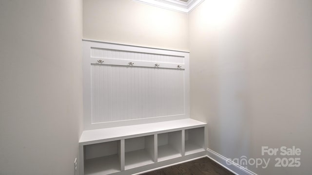 mudroom featuring dark hardwood / wood-style flooring and crown molding