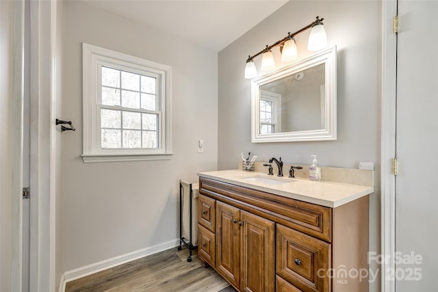 bathroom with vanity and wood-type flooring