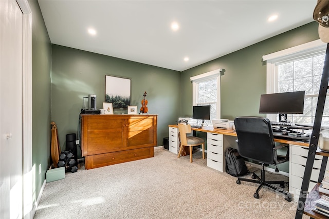 home office with light colored carpet