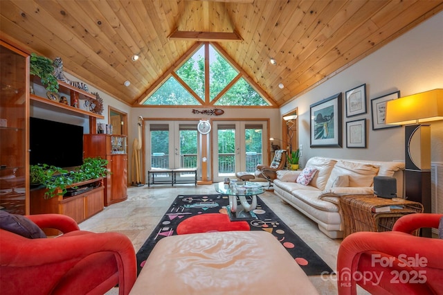 living room with wooden ceiling, beam ceiling, french doors, and high vaulted ceiling