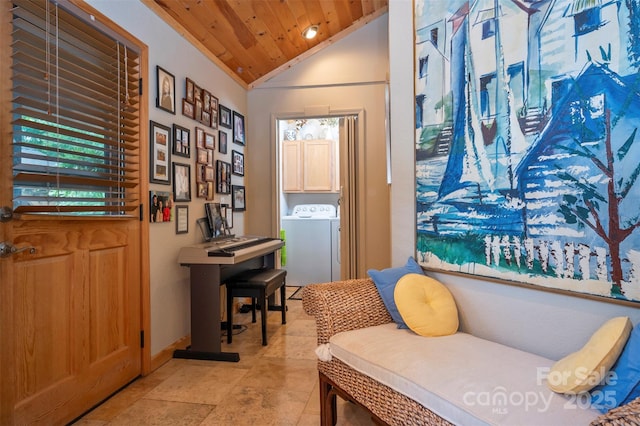 entrance foyer with wooden ceiling and lofted ceiling