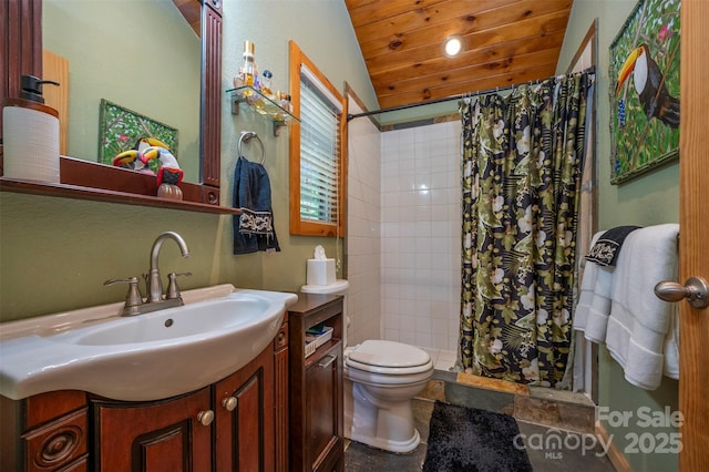 bathroom with toilet, vanity, vaulted ceiling, wood ceiling, and a shower with shower curtain