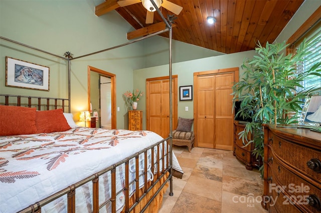 bedroom with ceiling fan, high vaulted ceiling, and wooden ceiling