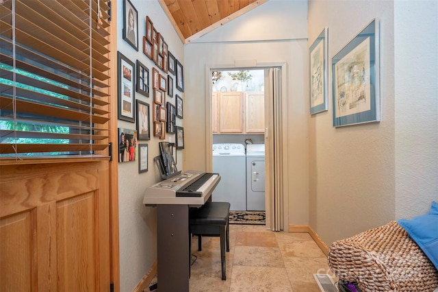 office space featuring separate washer and dryer, lofted ceiling, and wood ceiling