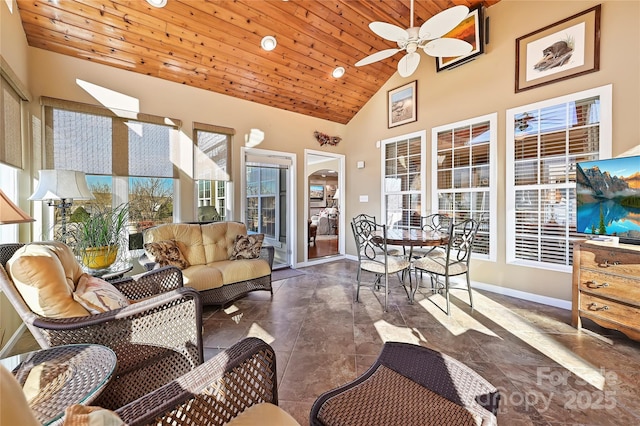 sunroom featuring lofted ceiling, wooden ceiling, and ceiling fan