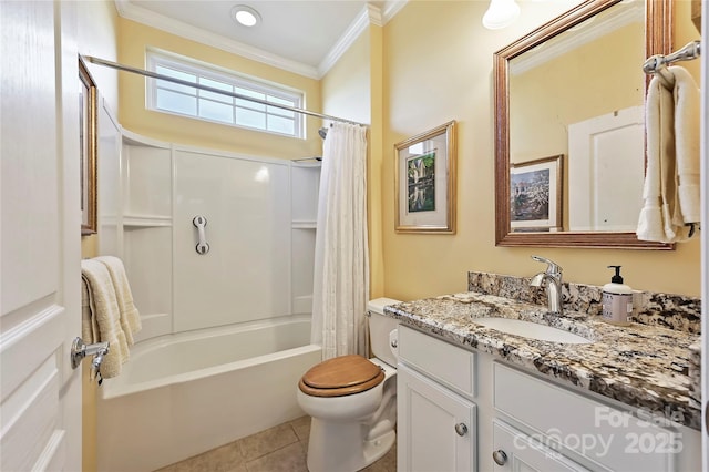 full bathroom featuring toilet, tile patterned floors, shower / bath combo, ornamental molding, and vanity