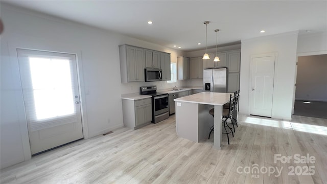 kitchen with stainless steel appliances, gray cabinets, and visible vents