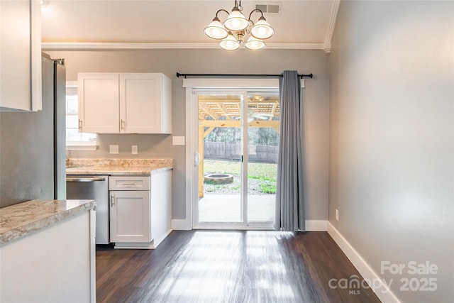 kitchen featuring white cabinetry, dark hardwood / wood-style floors, dishwasher, and ornamental molding