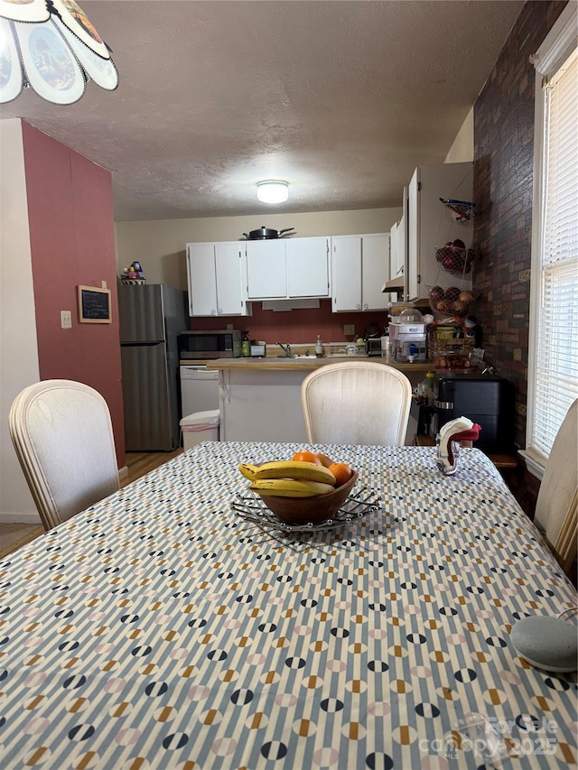 dining room with plenty of natural light, a textured ceiling, and sink