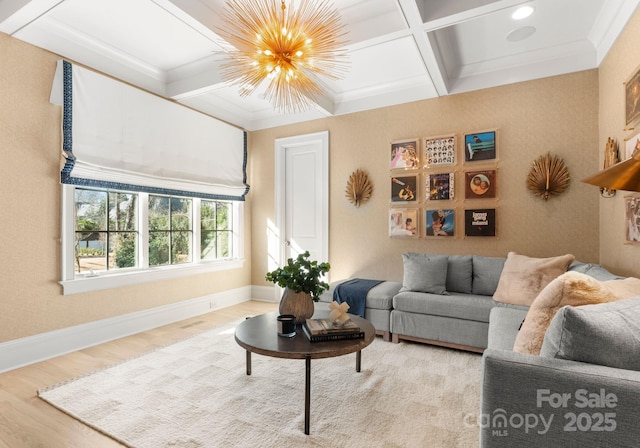 living room with coffered ceiling, crown molding, a chandelier, beamed ceiling, and hardwood / wood-style floors