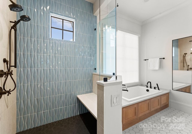 bathroom featuring crown molding, separate shower and tub, and tile patterned floors