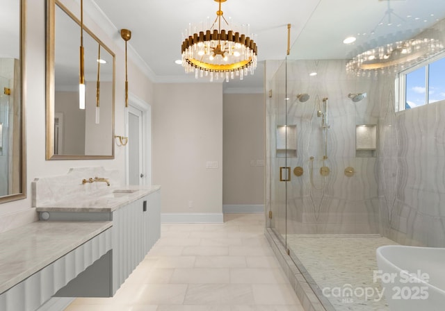 bathroom featuring vanity, a notable chandelier, ornamental molding, and walk in shower