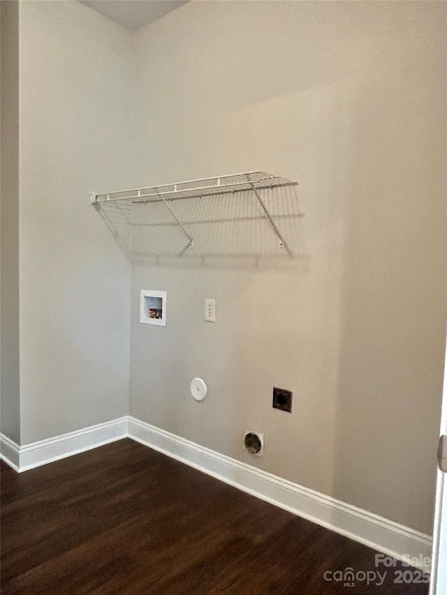 laundry room featuring washer hookup, dark wood-style flooring, hookup for an electric dryer, laundry area, and baseboards