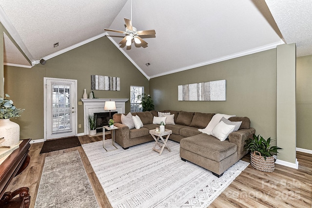 living room with vaulted ceiling, a wealth of natural light, hardwood / wood-style floors, and a textured ceiling