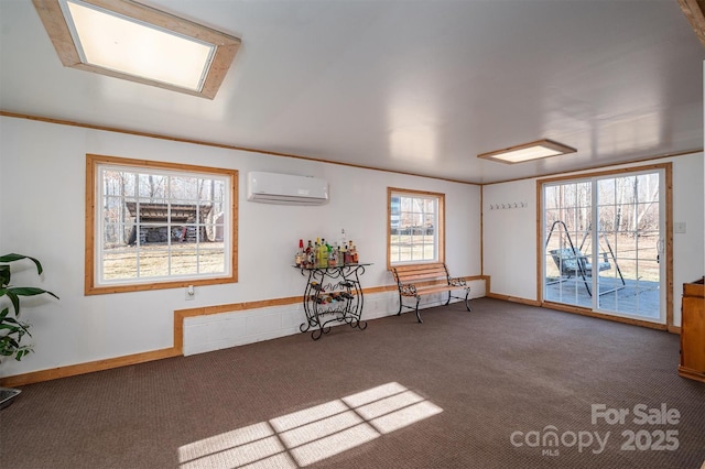 unfurnished room featuring dark carpet and a wall mounted air conditioner