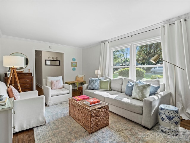 living room with ornamental molding and wood-type flooring