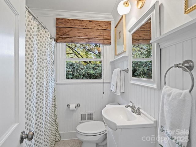 bathroom featuring toilet, vanity, a wealth of natural light, and ornamental molding