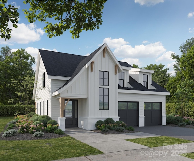 modern inspired farmhouse featuring board and batten siding, roof with shingles, driveway, and an attached garage