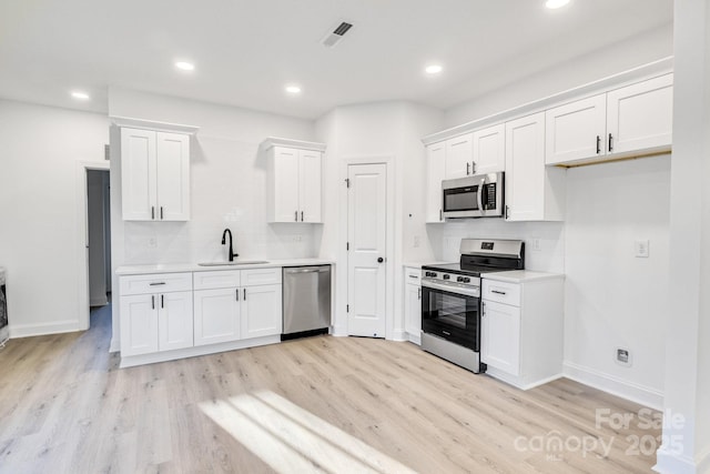 kitchen with sink, white cabinetry, appliances with stainless steel finishes, and light wood-type flooring