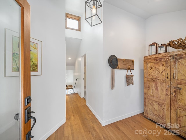 entrance foyer featuring light hardwood / wood-style flooring and lofted ceiling